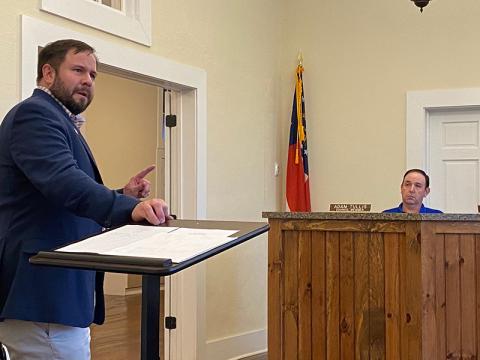 Cornelia Mayor John Borrow addresses the Mt. Airy City Council on Tuesday night. Photo by ERIC PEREIRA/Staff