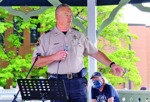 Habersham County Sheriff Joey Terrell speaks at last week’s Black Lives Matter demonstration in Clarkesville. Terrell was elected to a fourth term Tuesday. Photo by ISAIAH SMITH
