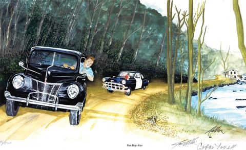 “Run Boys Run,” a painting by Clarkesville artist Julius Miller, shows a young 20-year-old Lovell on a moonshine run down state Route 197. Once a dirt road, state Route 197 was a main vein for the transportation of moonshine.