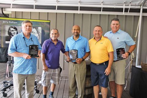 Pictured are former Coach George McMillian, and former players Jerry Pulliam, Fernandez West, Jeff Gerrin and Chad Radcliffe. 