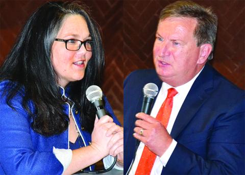 District 4 county commission candidates Natalie Crawford (left) and Bruce Harkness spoke at Wednesday night’s forum at the Cornelia Community House, sponsored by The Northeast Georgian and 107.7 The Breeze.
