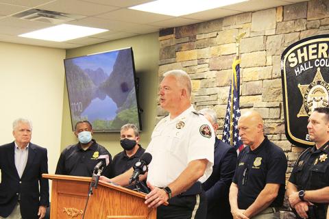 Habersham County Sheriff Joey Terrell speaks at Friday's joint press conference in Hall County.