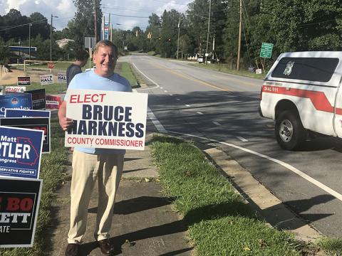 Bruce Harkness was stumping for himself in Demorest right up until polls closed Tuesday night. He will represent District 4 starting in January.