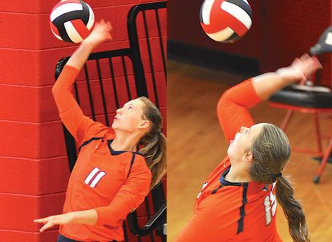 Habersham Central’s Allie Church (left) and Abbey Donaldson serve during the Lady Raiders’ win over Stephens County. Pictures by TOM LAW/CNI News Service