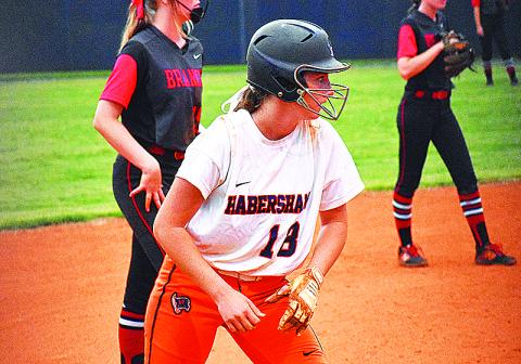 Habersham Central’s Taylor Wade eyes the pitcher while waiting to break from third base against Flowery Branch on Aug. 19.