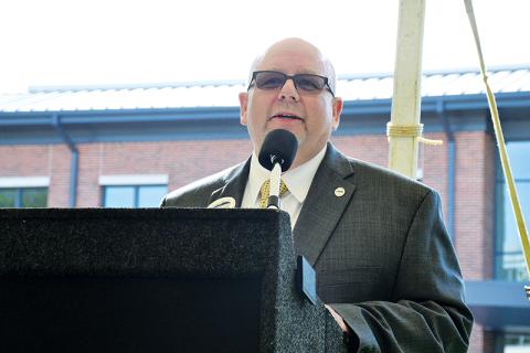 Dr. Mark Ivester speaks at the ribbon cutting ceremony of the Industrial Technology Center at the North Georgia Technical College Clarkesville campus in 2019.