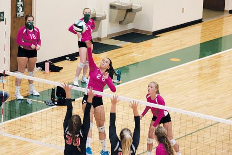 Junior middle hitter Alba Romanos elevates for a spike against George Walton Academy. Since arriving from Spain and joining TFS’ volleyball team, Romanos has brought much-needed length to the team defensively and an offensive skill set that has grown in each match.