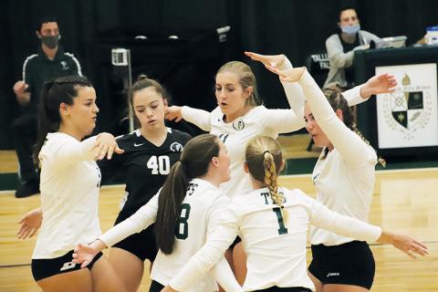 Tallulah Falls girls celebrate a point during their win Thursday over Rabun County. Photo courtesy of Tallulah Falls School