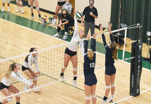 Tallulah Falls’ Katy Corbett goes for a spike during the Lady Indians’ win over Mount Vernon on Wednesday night.