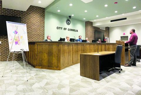 Civil Engineer James M. Smith with J.M. Smith Engineering LLC makes an argument before the Cornelia City Commission on Tuesday to rezone two properties for additional housing.