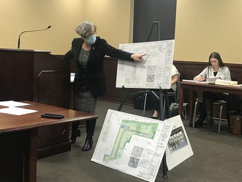 Attorney Jane Range presents the modified plans for a future townhouse development on Chase Road in Cornelia. The commissioners approved a zoning change Monday night to allow the development to go through.