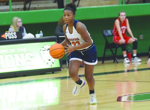 Emyrie Combs attacks the basket during the seventh grade girls championship game held at Franklin County last Saturday. Combs poured in 15 points in the Lady Raiders’ 31-25 victory over Rabun County. SHANE SCOGGINS/Franklin County Citizen