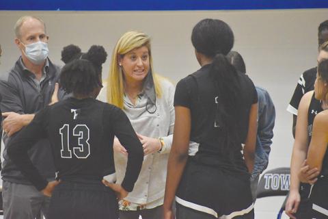 Tallulah Falls girls basketball coach Brandy Corbett instructs her players during a road game at Towns County Dec. 3.