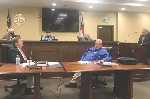Habersham County’s Board of Commissioners assumed its shape for the next two years as (top row from left) Commissioner Jimmy Tench, Chairman Dustin Mealor, Vice Chair Tim Stamey joined (bottom from left) Commissioners Bruce Harkness and Bruce Palmer at their first meeting Monday. Presiding over the election for chairman was attorney Donnie Hunt (far right).
