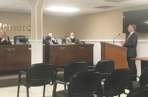 New Demorest City Attorney Thomas Mitchell (right) talks with the city council Tuesday night, including (from left) Mayor Rick Austin and Councilmen Jim Welborn and Nathan Davis.