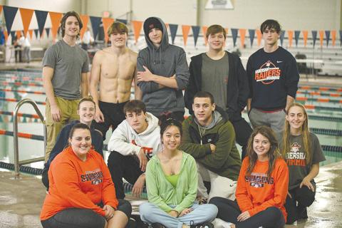 Habersham Central’s senior swimmers are (middle row from left) Lauren Nelson, Josh Llanas, Ryan Pastman and Ayla Maughon. Back row are (from left) Matthew Thurmond, Haydn Tatum, Jacob Watts, Clay Parker and Austin Thompson. Front row are assistant coach Ashley Powell, manager Varunya Amphaychith, head coach Lacie Long. RANDY CRUMP/Special