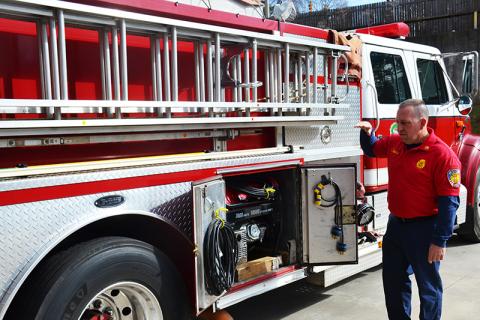 Demorest Fire Chief Ken Ranalli explains the ins and outs of his ladder truck.