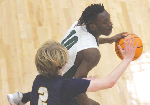 allulah Falls’ Simeon Respress looks for an open teammate with Galloway’s Quinton Alterman defending.