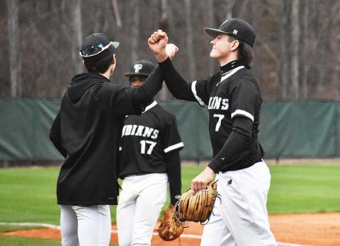 TFS starting pitcher Aubrey Higgins celebrates during his complete game against Bethlehem Christian Academy on Tuesday. CODY ROGERS/Staff