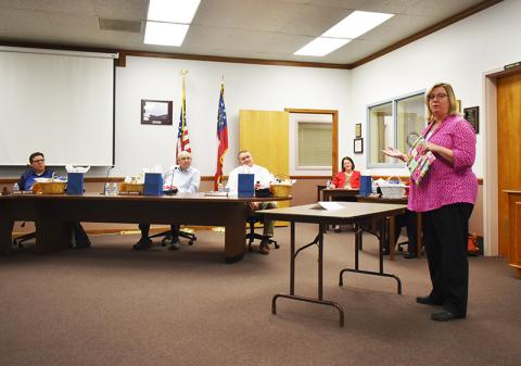 Crystal Holcomb, Director of Nursing at Habersham County Schools, addresses the Habersham County Board of Education on Monday about the COVID-19 vaccines that will be open to all school staff starting Thursday. 