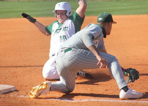 Tallulah Falls’ Aiden Gragg barely beats the tag of Rabun Gap third baseman Sabien Rivera.