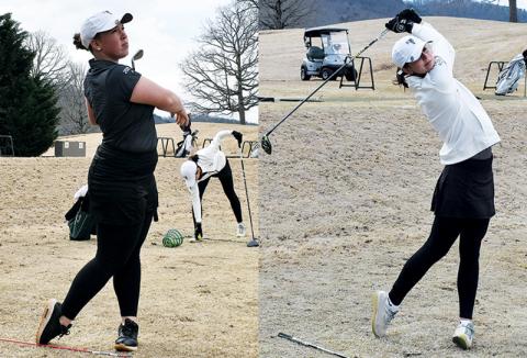 Tallulah Falls’ Brinson Hall (left) and Maggie Jackson warm up before their match on  Monday afternoon. The pair of seniors are Division I college commits and among the state’s top linksters.