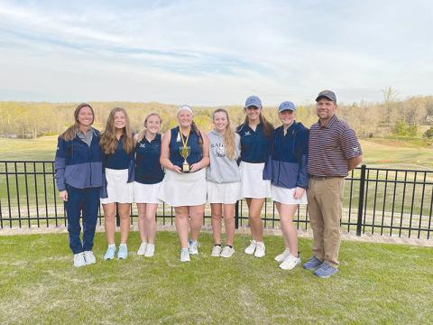 The Lady Raiders took second place at the Valhalla Cup 18-hole event at Chimney Oaks Golf Club last Monday and Tuesday. Pictured are (from left) coach Joni Blackburn, Maley Whittington, Lauren Nelson, Selah Anderson, Sydney Blackburn, Camryn Fricks, Makenna Eller and head coach Shawn Blackburn.
