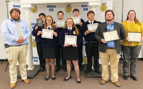 FFA participants from Habersham Central High School included (front row, from left) Advisor Willie Crump, Emma Holland (State Degree), Jayley Crane (State Degree) and Advisors Aaron Newton and Amy Crump. Back row are (from left) Eddie Ojeda (1st Place State, Swine Production Placement Proficiency), Dylan Rice (State Degree), Drew Maney (State Degree) and Adam Caudell (State Degree). LEIGH VINSON/Submitted
