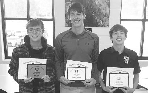 Pictured are Habersham Central’s boys tennis team award winners (from left) Ray Carr (Most Improved), first doubles player Andrew Huizing (MVP) and Luke Atwood (Coaches Award). Not pictured was Brandon Smith, who joined Huizing in receiving MVP honors for their performance as a doubles duo. ROBERT WALLACE/Submitted 