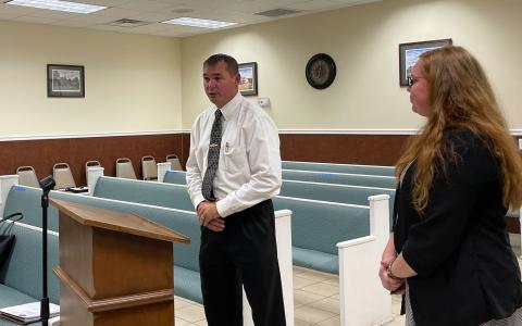 Temporary Baldwin Police Chief Jerry Saulters was introduced to city council members by Baldwin City Clerk Emily Woodmaster on Monday night. BRIAN WELLMEIER/Staff 