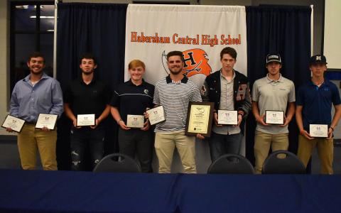 The Raider baseball team’s varsity award winners were (from left) Logan Hare (MVP, Permanent Team Captain), Azzi Cervantes (Offensive Player of the Year), Austin Jones (Pitcher of the Year), Hadden Carswell (Coca-Cola Academic Award, inaugural Hadden Carswell Perseverance Award), Nolan Ross (Zach Brown Award for Commitment, Dedication and Service), Trevor Stevens (Defensive Player of the Year) and Kaleb Chastain (Most Improved Player). ISAIAH SMITH/Staff 
