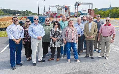 Meeting May 17 at the Murray County inland port are (from left) Daniel Martin, Heather Feldman, Ken Schubring, Bruce Palmer,  Stephanie Almagno, Joe Elam, Alice Venter, Greg Hogan (back), Phil Sutton, John Borrow, Mike Beecham (back), Charlie Fiveash, Dee Anderson, and Bill Duff. CHARLIE FIVEASH/Submitted    