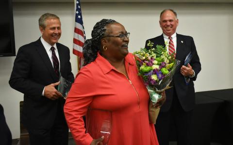 Shirley Combs, who owns Shirley’s Soul Food Cafe and Shirley’s Shelter, stole the night at the American Values Dinner with her story about how she blesses the residents of Toccoa-Stephens County. Touched by her story, Habersham Superior Court Judge Chan Caudell, left, and Oliver & Weidner LLC owner Jim Weidner laugh with Combs with their awards in hand following the event. CHAMIAN CRUZ/Staff 