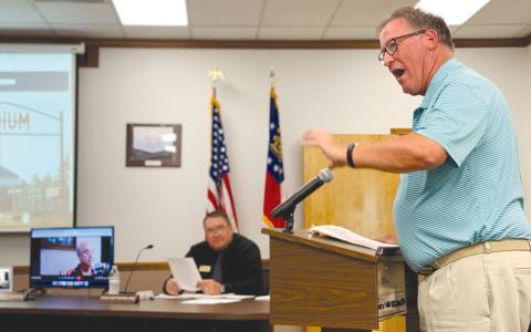 Habersham County Schools Athletic Director Geep Cunningham presents a year-in-review to the school board on Monday. CHAMIAN CRUZ/Staff