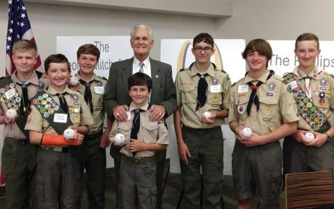 Boy Scouts (from left) Jaren Campbell, Mitchell McGahee, Sawyer Burgess, Kav Stapleton, Darrel Chaney, Gavin Dundore, Christian Cooper and Joseph McGahee got a chance to meet with former Major League Baseball player Darrel Chaney at Thursday’s American Values Dinner. JAKE McGAHEE/Submitted