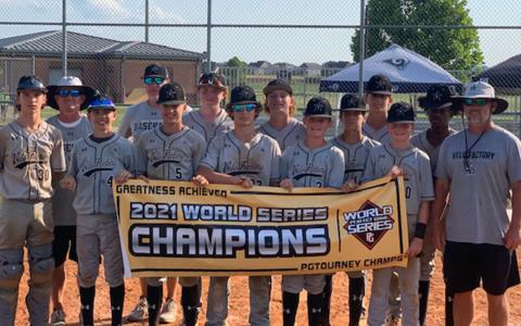 The Velo Factory’s 13U travel baseball team won the 2021 Perfect Game World Series Championship last week. The team competed at the Majors Level, which is the highest possible. Team members are (from left) Kenny Foudy, coach Tate Gailey, Kreed Barrett, coach Chris Chitwood, Maverick Chitwood, Kaleb Sexton, Cash Unruh, Lane Haney, Ty Kemp, Philip Williams, Blayne Gunter, Hudson Gailey, Marcus Sims and coach Joe Kemp. CHRIS CHITWOOD/Submitted