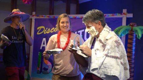 Rev. Keith Cox gets a pie in the face from Director of Children’s Ministry Courtney Young at a Clarkesville First United Methodist Church event. CLARKESVILLE FIRST UNITED METHODIST CHURCH/Submitted 