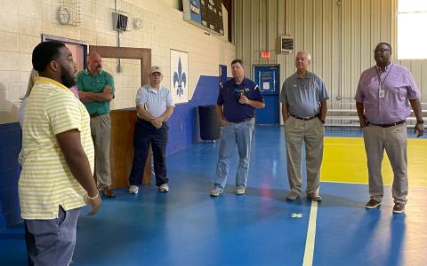 Qymane Brawner (left) and Steven Mickens (far right) address Habersham County school officials, including (from left) Superintendent Matthew Cooper and Board of Education members Robert Barron, Chairman Russ Nelson and Joey Duncan. BRIAN WELLMEIER/Staff