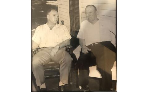 Clifford Kimsey Jr. (left) sits on the porch of his Habersham County home for a chat with baseball legend Ty Cobb. CLIFF KIMSEY III/Submitted