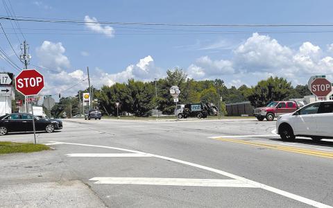 The four-way stop in Clarkesville at the intersection of  Highway 197 and Louise Street could be replaced by a roundabout in the future. BRIAN WELLMEIER/Staff