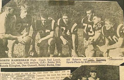 Howard Williams kept this photo from the Atlanta-Journal Constitution in his scrapbook of North Habersham coach Red Lynch talks with seniors (from left) Bobby Hill, Ronnie Ellington, Don Gunnel, Bobby Burke, Donald Roberts and Carl Williams.