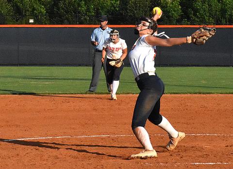 Habersham Central’s Hailey Wade fires to the plate during the season opener Aug. 5.