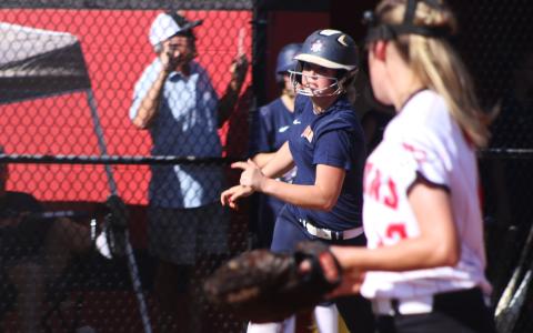 Joni Littlejohn stays ready with a Stephens County runner at third. The runner was stranded in the shutout win. MARCUS ETIENNE/CNI News Service