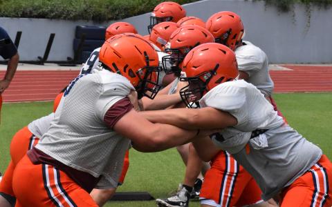 Habersham Central linemen mix it up Monday afternoon for the first time this season. MATTHEW OSBORNE/Staff