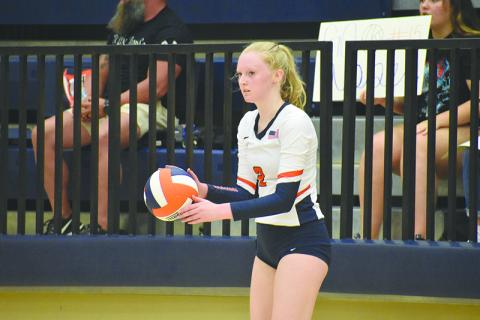 Molly Butler – shown above getting ready to serve during a recent Lady Raiders home match – set a new personal best with 11 aces in Habersham’s win over East Forsyth on Sept. 7. CODY ROGERS/Staff