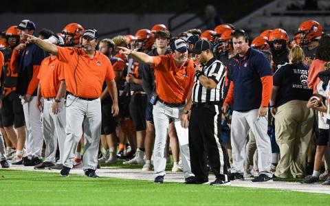 Habersham Central coach Benji Harrison points out a possible discrepancy with the official during Friday night’s game against Winder-Barrow. TOM ASKEW/Special
