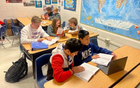 Students in Mrs. Megan Gates’ homeroom are working together on a lesson from The 7 Habits of Highly Effective Teens. They are discussing each students’ “Circle of Control” as they discuss which aspects of their and academics are maturation are within their control. Pictured (front to back, left to right) are Diego Tinoco, Miguel Pascual, Charlie Mills, Brooklyn Scroggs, Caden Garrison, Jordan Lynch, and Anthony Thomas. CONNIE FRANKLIN/Submitted