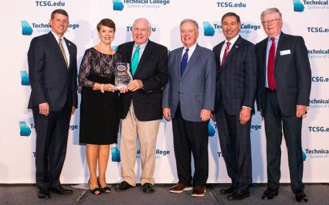Accepting the Foundation Board Award 2021 are (from left) TCSG Commissioner Greg Dozier; NGTC Director of Institutional Advancement Cynthia Brown; NGTC Foundation board of trustees member Don Higgins; NGTC President John Wilkinson; TCFA President Mike Cheokas; and TCFA Past-President John DeVeer. Amy Hulsey/Submitted