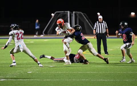 Habersham Central’s Caleb Wade breaks multiple tackles on a great run, which put the East Division in scoring position during the final moments of the FCA East-West All-Star Game on Dec. 17 at Raider Stadium in Mt. Airy. Wade also will participate in the Georgia-Florida All-Star Classic Dec. 29 at Denmark High School. ZACHARY TAYLOR/Special