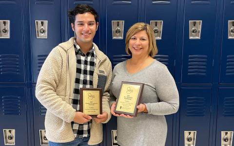Jose Virgen Ortiz and advisor Selena White show off their award for the Cutlass yearbook. MARTHA CANTRELL/Submitted